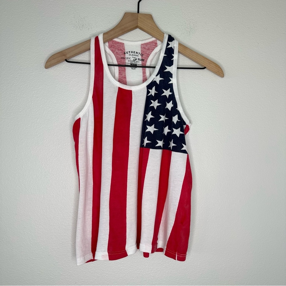 Authentic Classic Pacific Surf American Flag Tank Top Sz M Cropped 100% Cotton